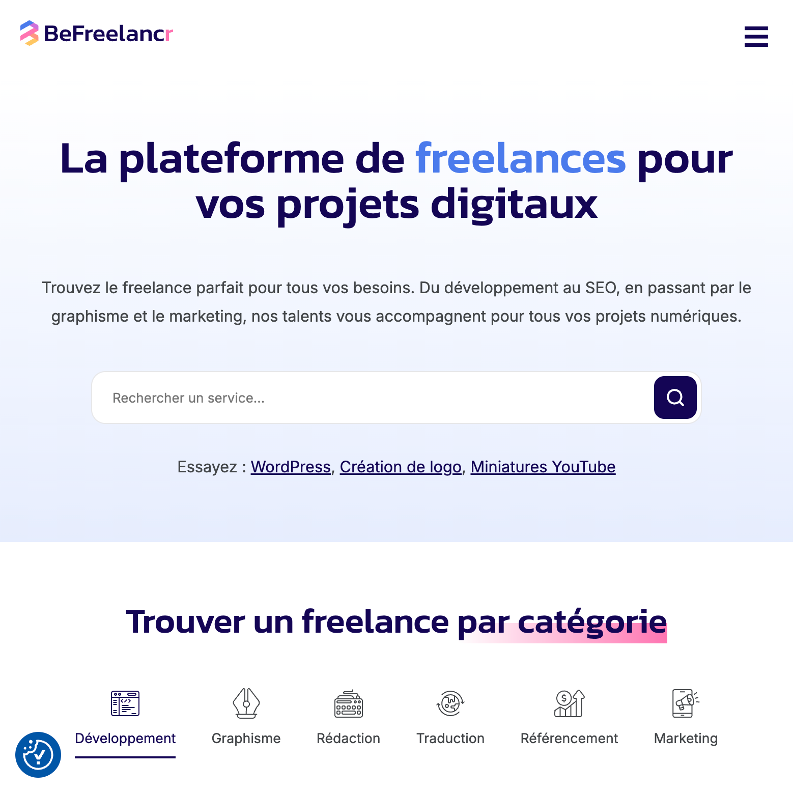 Page d'accueil placé de marché BeFreelancr - plateforme de freelances
